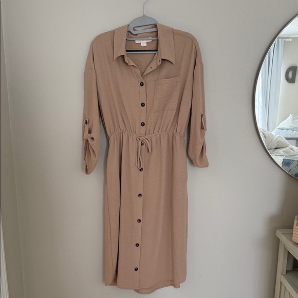 Monteau Dresses & Skirts - Monteau Tan Midi Dress with Button-Down Front